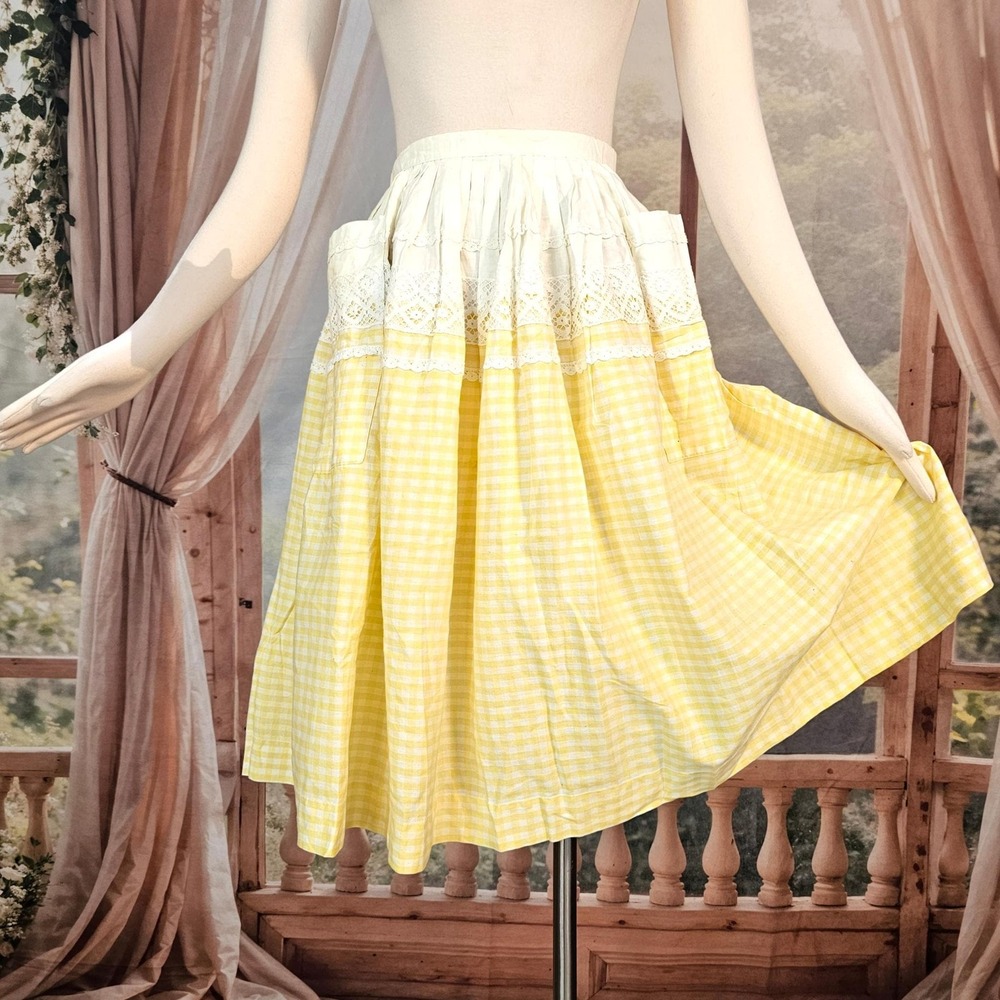 Vintage 1950s Skirt Circle Skirt Yellow White Gingam Lace Trim Pinup Rockabilly